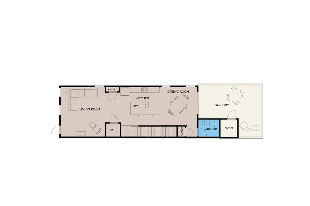 An inviting open-plan interior with the kitchen, dining room, living room, and balcony visible. The space is bright, functional, and designed for both work and relaxation, with easy access to the outdoors.