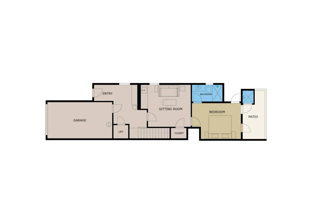 A spacious view combining the entryway, sitting room, bedroom, and patio, showing the interconnected living spaces. The garage is also visible, signaling ample parking and functional transitions between indoor and outdoor areas.